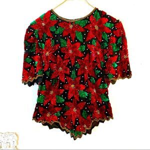 Vintage Laurence Kazar Holiday Beaded Sequin Red Poinsettia Black SILK Top SZS/M